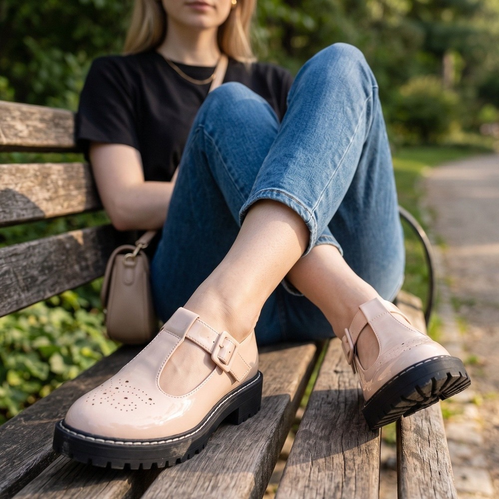 Torrid Womens Light Pink Patent T-Strap Mary Jane Chunky Lug Sole Shoes 7WW